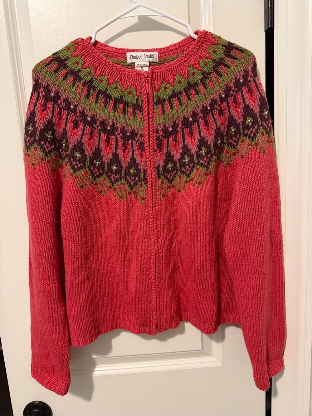Chelsea Studio Vintage Zipper Sweater Size Medium beaded pearl details 15% wool